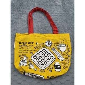Trader Joe's Tote Bag Yellow Red Handles Waffle Toast Breakfast Graphic Grocery